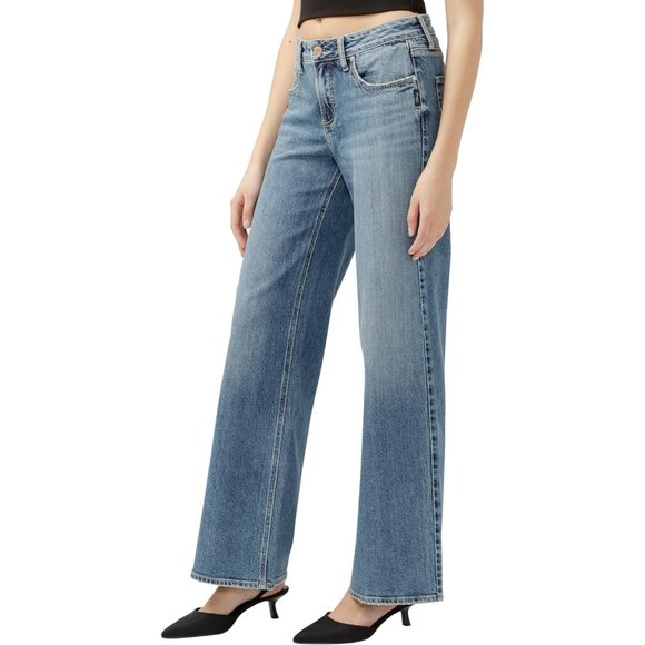 Women's Wide Leg Jeans Mid Rise Curvy Fit Cotton Lyocell Flare Style - Picture 2 of 4